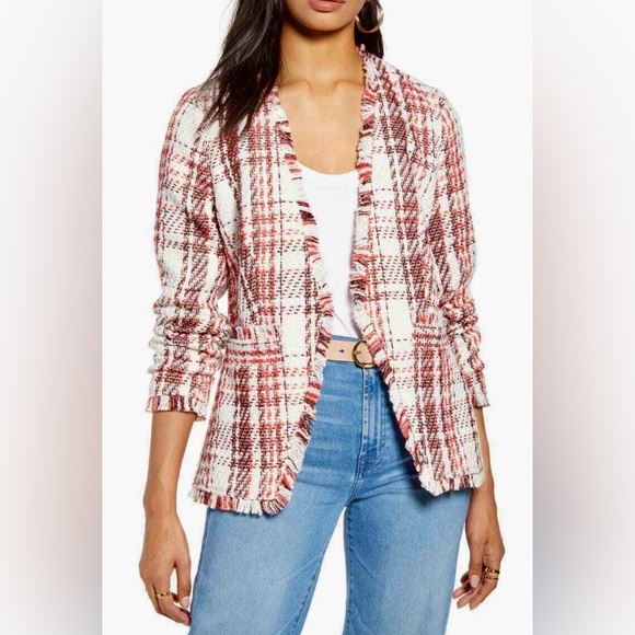 Halogen Open Front Plaid Letta Tweed Jacket/Blazer Ivory Coral SZ XL - Picture 1 of 10